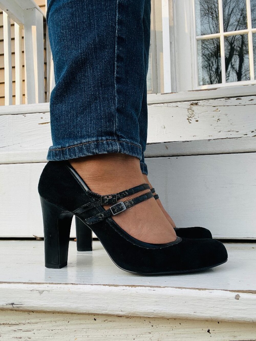 Alfani Rounded Toe Double Strap Black Suede Heels, Size 5
